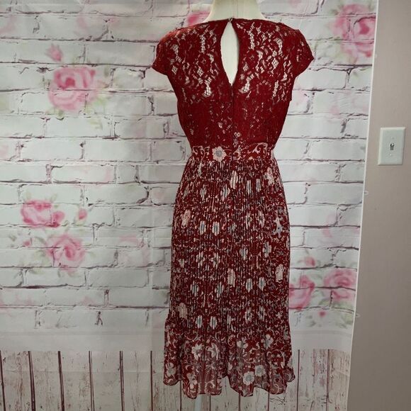 Plenty Anthropologie Women's Arcadia Accordion Pleated Laced Midi Dress Brown Si - Picture 7 of 12